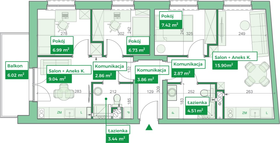 Schemat mieszkania o wymiarach 50 metrów kwadratowych